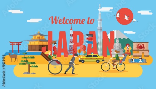 Flat design, Illustration of Japanese landmarks and icons