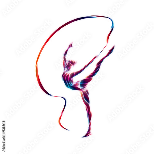 Creative silhouette of gymnastic girl. Art gymnastics with ribbon