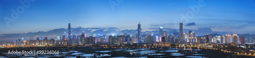 Skyline of Shenzhen City, China at twilight. Viewed from Hong Komg border