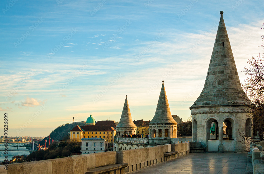Fototapeta premium Budapest panorama from Fisherman's Bastion at sunset