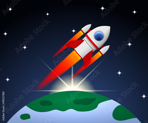 Red and white cartoon steel rocket flying on planet background w