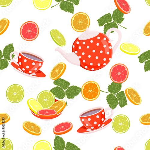 Vector repeating pattern from the kettle, cups, cake, cupcakes and flowers.