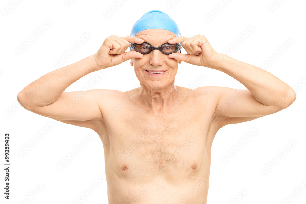 Senior man with black swimming goggles