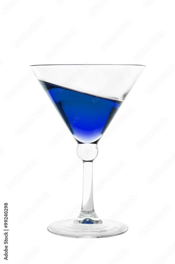 Cocktail glass filled with blue inclined drink isolated on white background