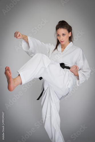 Kick Punch Self Defence Woman in Karate Training.
