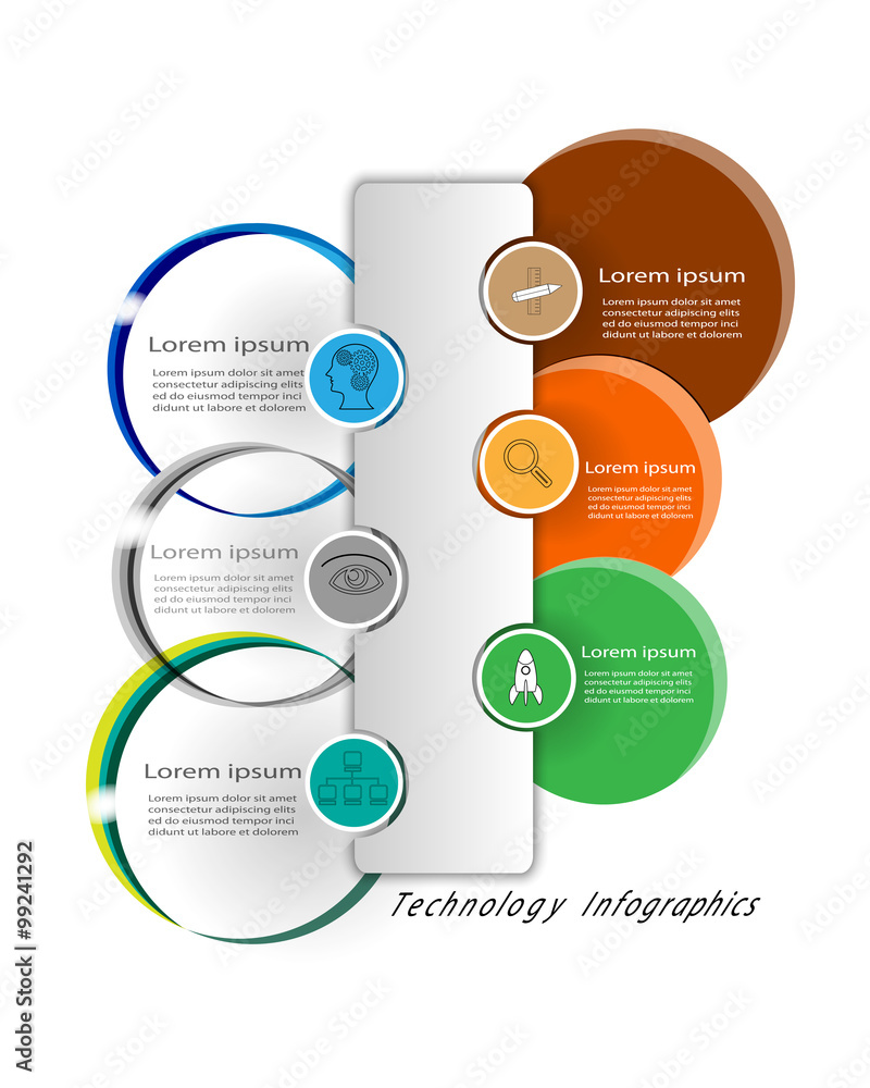 Technology Infographics, colorful circles and rings connected on white background with icon collection, this can be used to design banners, web designing, business and technology presentations Technology Infographics, colorful circles and rings connected on white background with icon collection, this can be used to design banners, web designing, business and technology presentations
