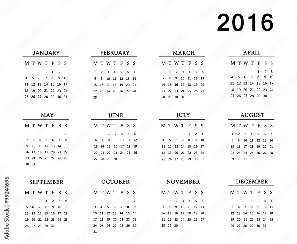 Calendar for 2016 on white background. Calendar for 2016 on white background.