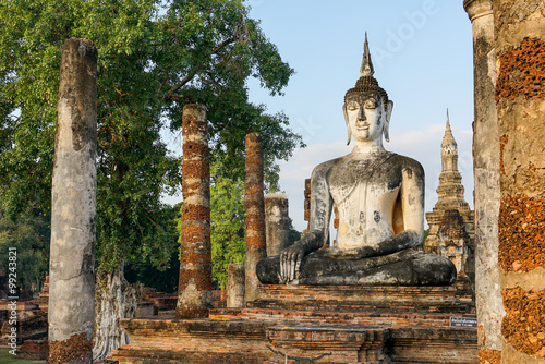 Buddha Buddhist temple ruins in Sukhothai historical park Wat Mahathat.