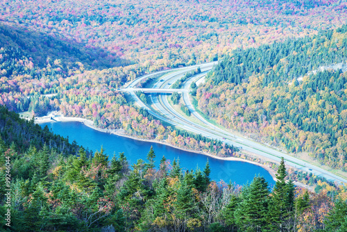 Aerial view of fall tree colors in New England. Bright autumn fo