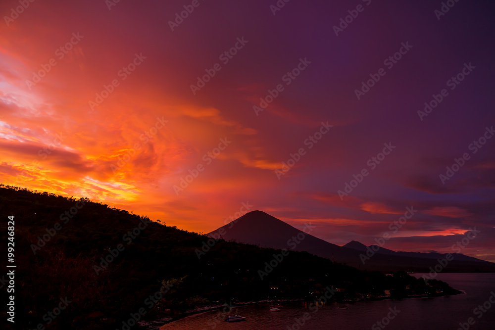 Sunset in Bali overlooking the volcano