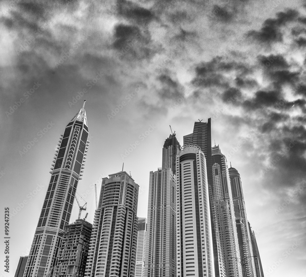 Modern skyline of Dubai Marina. Black and white view