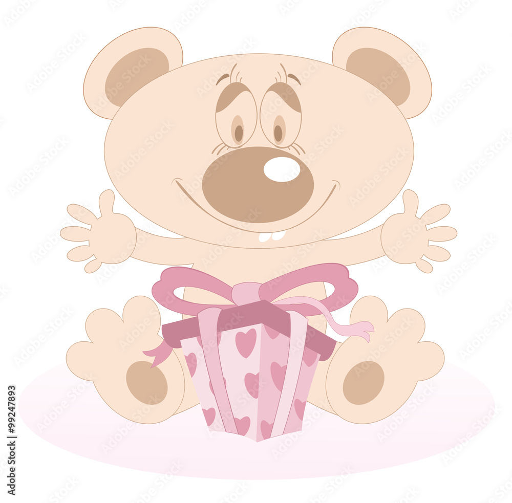 Obraz premium Cute Teddy Bear with a present. Cute Teddy Bear is given a present and looks happy 