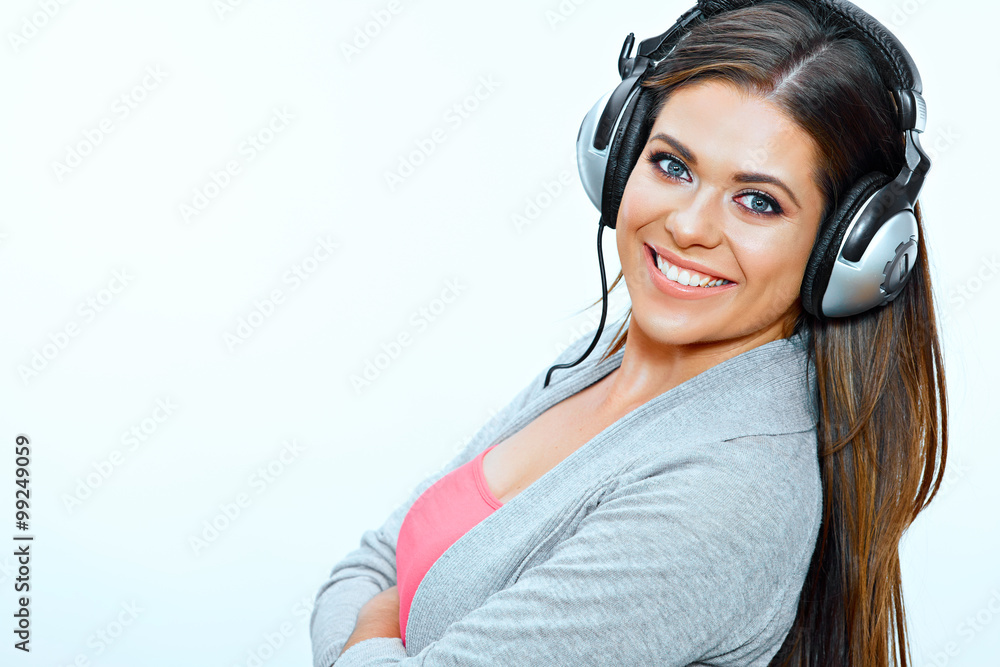 Close up face portrait of woman with headphones listening music Close up face portrait of woman with headphones listening music