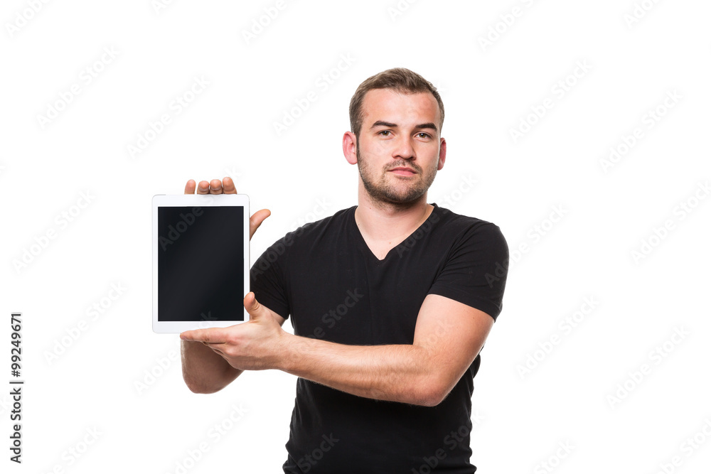 Confident man presenting a tablet