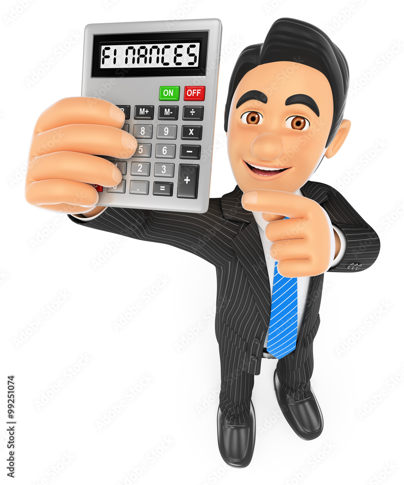3D Businessman showing a calculator. Finances concept 3D Businessman showing a calculator. Finances concept