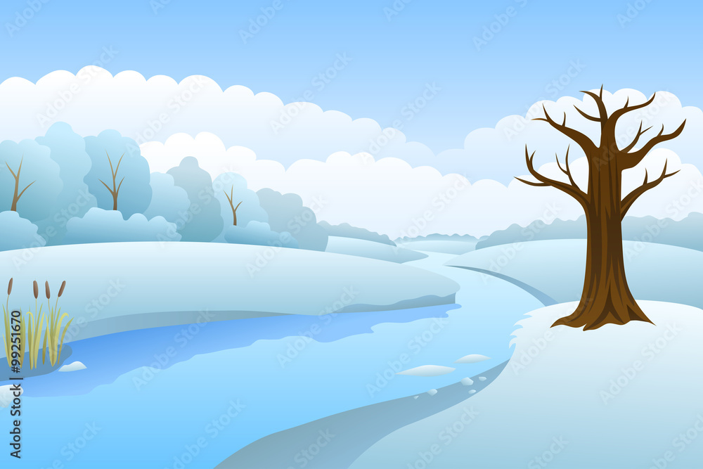 River winter landscape day illustration vector