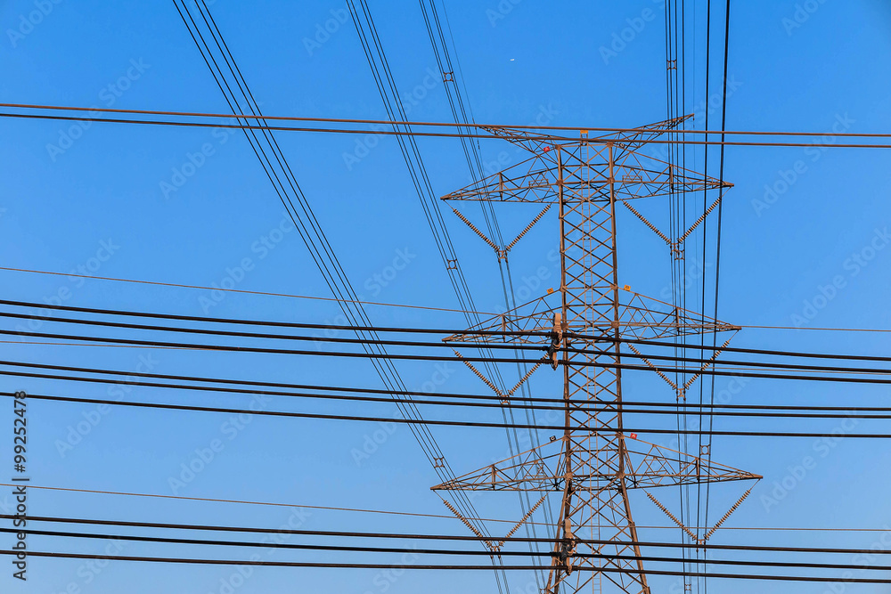 Electricity tower and electric line, power line in blue sky background Electricity tower and electric line, power line in blue sky background