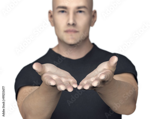Foto man with giving or begging hands gesture