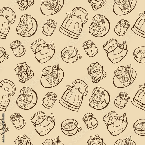 Teapot. Cup of tea. Sandwiches and scrambled eggs. Sugar and cupcakes. Vector seamless pattern (background).