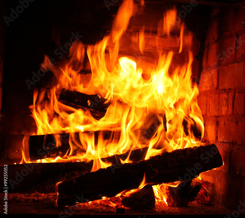 Fire in burning fireplace in winter close-up