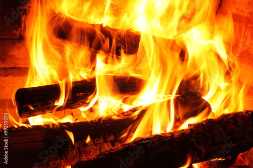Fire in burning fireplace in winter close-up
