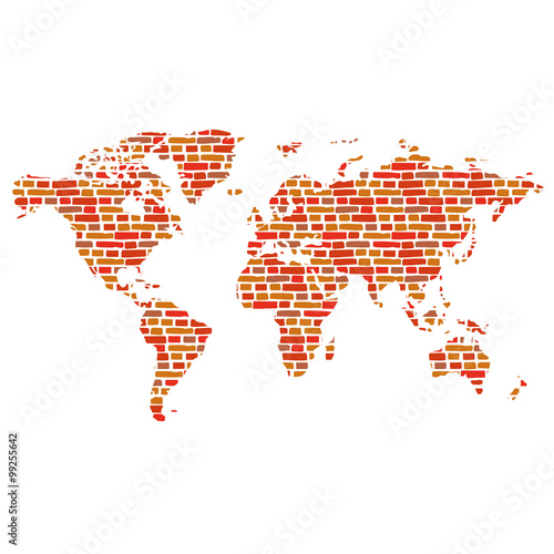 World map. Bricks. Brick texture (background). Isolated object on a white background.