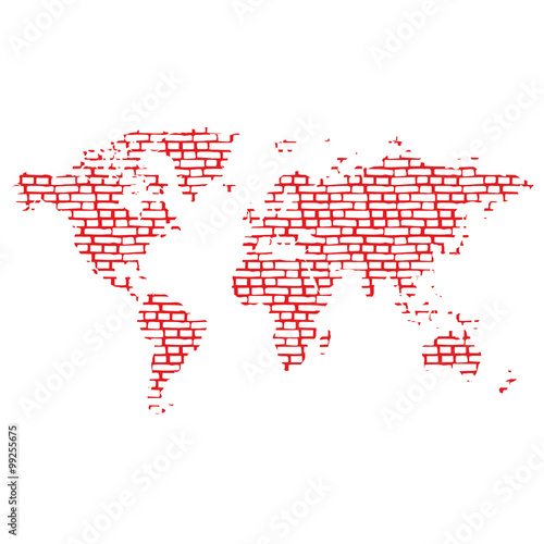 World map. Bricks. Brick texture  background . Isolated object on a white background.