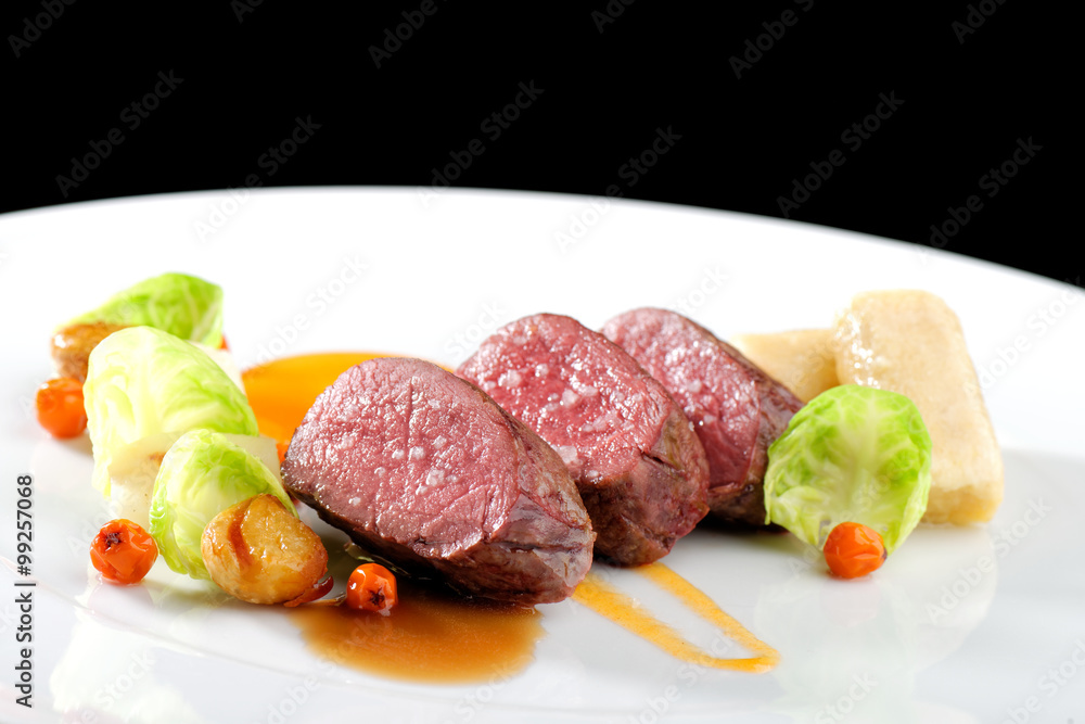 Fine dining, Venison meat steak with vegetable
