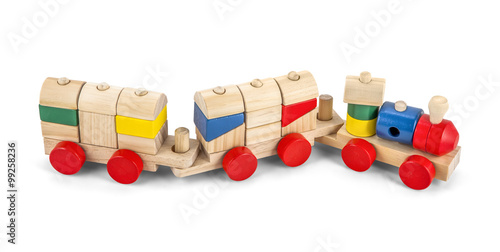 Wooden toy train with colorful blocs isolated over white with cl