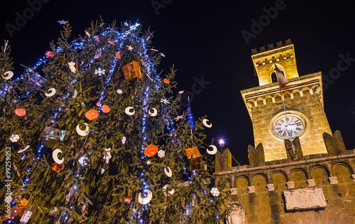 Medieval village with Christmas tree in Italy