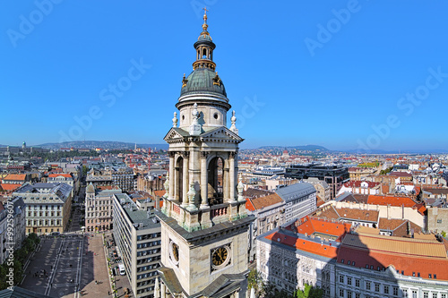 Panoramic view of Budapest from the dome of St. Stephen's Basilica with the bell tower in the foreground, Hungary
