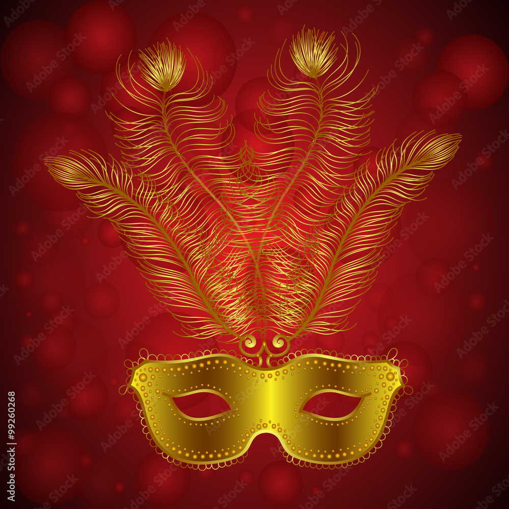 Carnival Festive background with Golden mask with Feathers on a Bokeh Background.