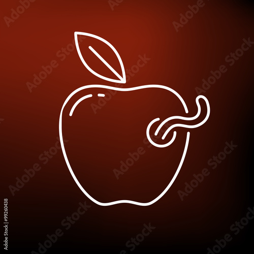 Rotten apple icon. Worm in apple sign. Bad apple symbol. Thin line icon on red background. Vector illustration.
