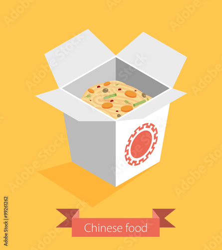 Chinese restaurant opened take out box filled with noodles