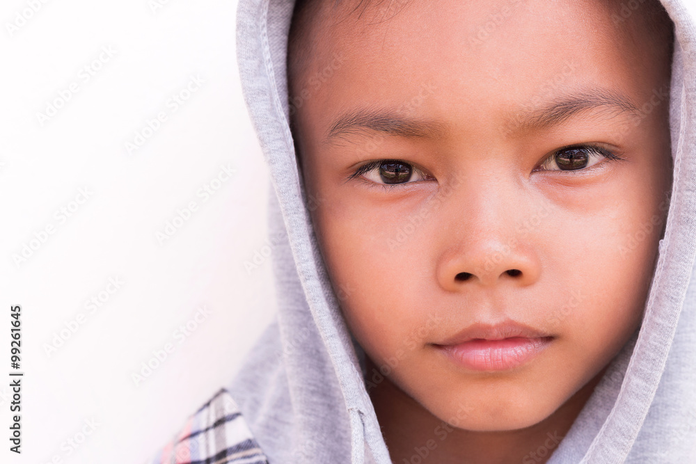 Cute Asian boy wearing hooded sweatshirt. Isolated on white. Cute Asian boy wearing hooded sweatshirt. Isolated on white.