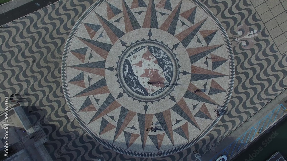 Top View of the Mosaic World Map showing the discoveries and routes in 15th 16th centuries at Monument of the Discoveries, Lisbon, Portugal Top View of the Mosaic World Map showing the discoveries and routes in 15th 16th centuries at Monument of the Discoveries, Lisbon, Portugal