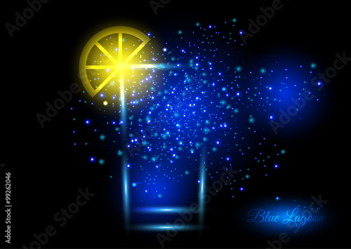 Blue lagoon cocktail design concept - cocktail glass with lime bursting into shining lights of blue and yellow shades. Shining concept of fun and nice time on crazy party.