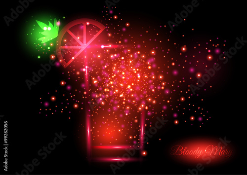 Bloody Mary cocktail design concept - cocktail glass with lime and parsley bursting into shining lights of red and green shades. Shining concept of fun and nice time on crazy party.