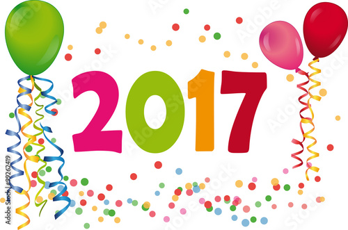 2017 mit Luftballons und Konfetti