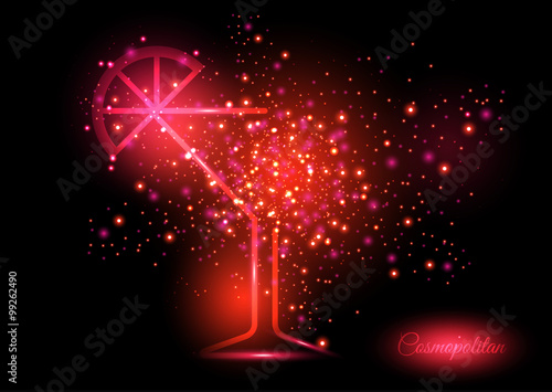 Cosmopolitan cocktail design concept - cocktail glass with lime bursting into shining lights of red shades. Shining concept of fun and nice time on crazy party.