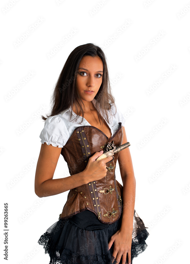 Woman in Western Costume Holding Antique Gun Woman in Western Costume Holding Antique Gun