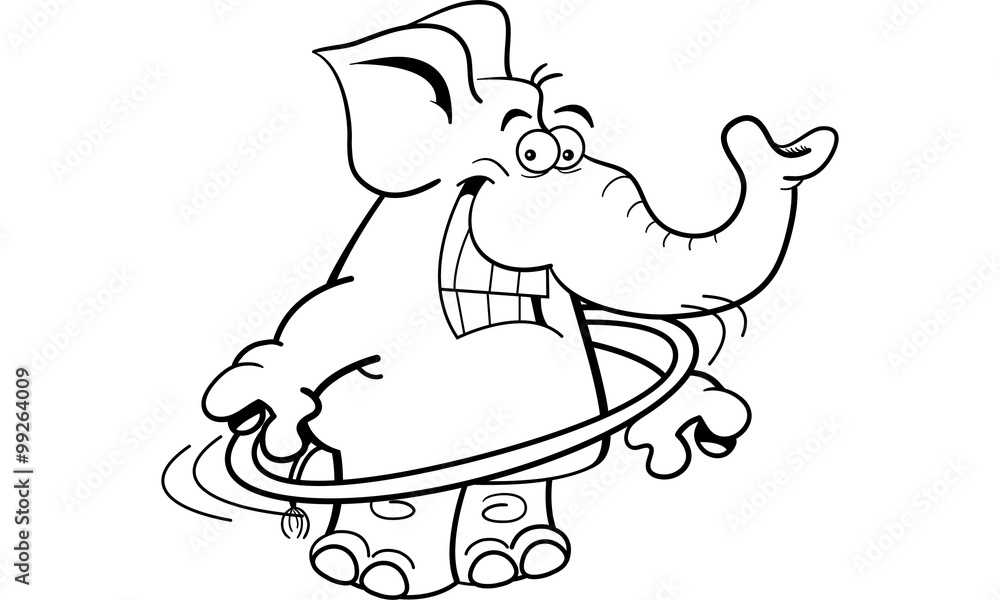 Black and white illustration of an elephant using a hula hoop. Black and white illustration of an elephant using a hula hoop.