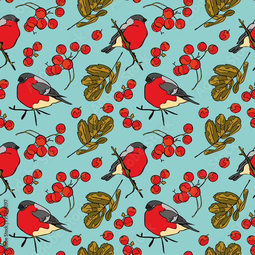 Bullfinches and rowan. Winter pattern. Vector seamless pattern (background).