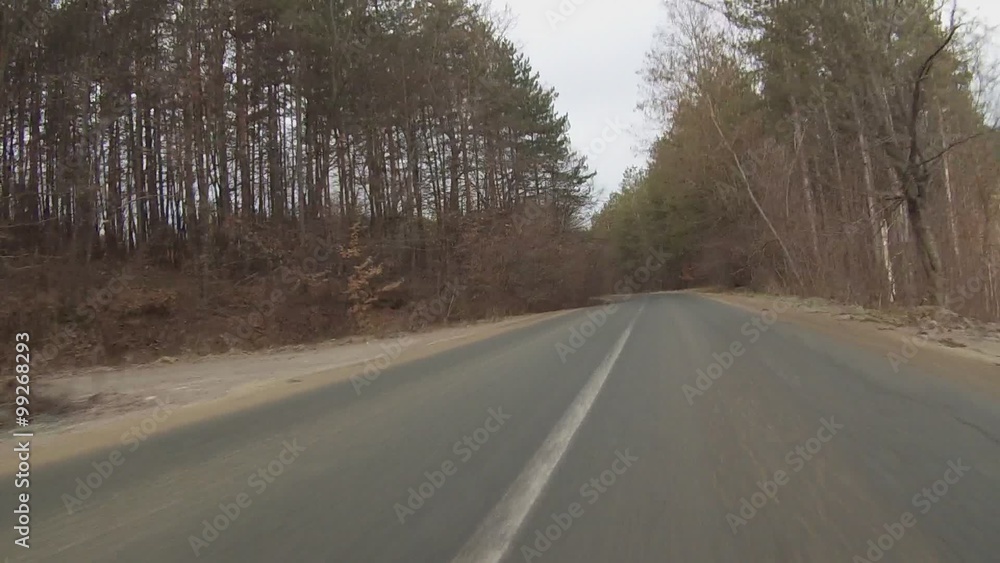 Snowless winter. Gray gloomy day. Car moving in a narrow deserted road. Snowless winter. Gray gloomy day. Car moving in a narrow deserted road.