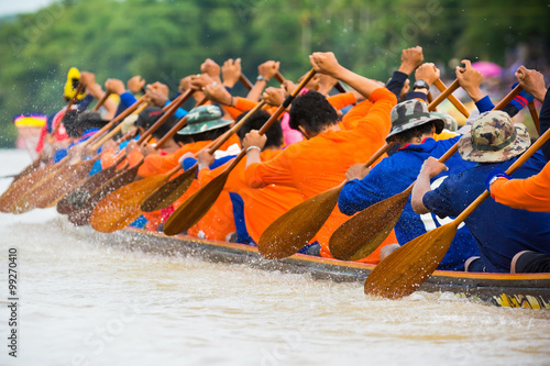 Close up of rowing team race