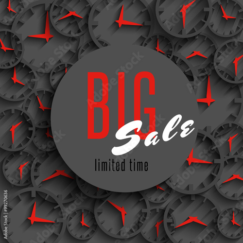 Big sale time poster mockup, clock hands, shop advertising 3D banner, special discount advantage business grey background
