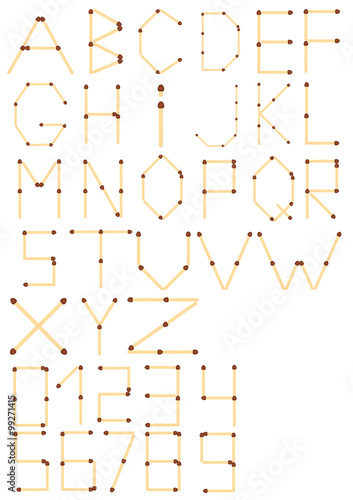 vector full English alphabet and numbers of  safety match