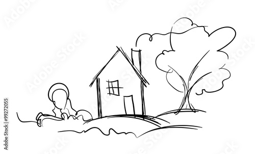 Black and white vector sketch of village house and tree