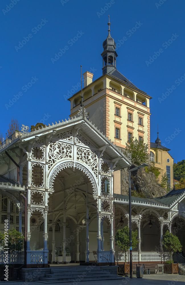 Market Colonnade and Castle Tower, Karlovy Vary, Czech republic