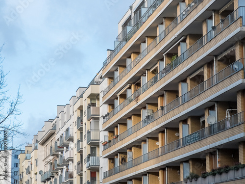 Row of Low Rise Apartment Buildings with Balconies